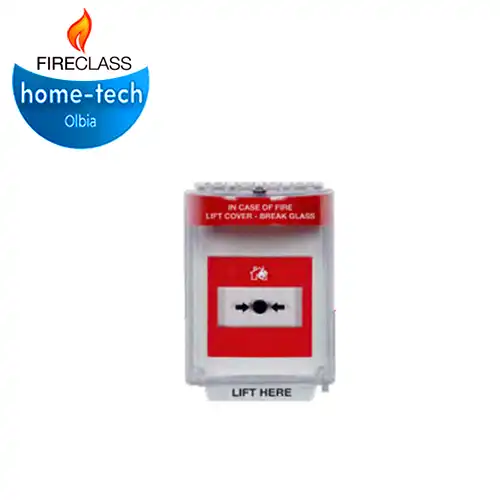 Stopper universale a incasso con sirena, rosso. Etichetta ?In Case of Fire, Lift Cover Break Glass? -in caso di incendio, sollevare il coperchio e rompere il vetro-